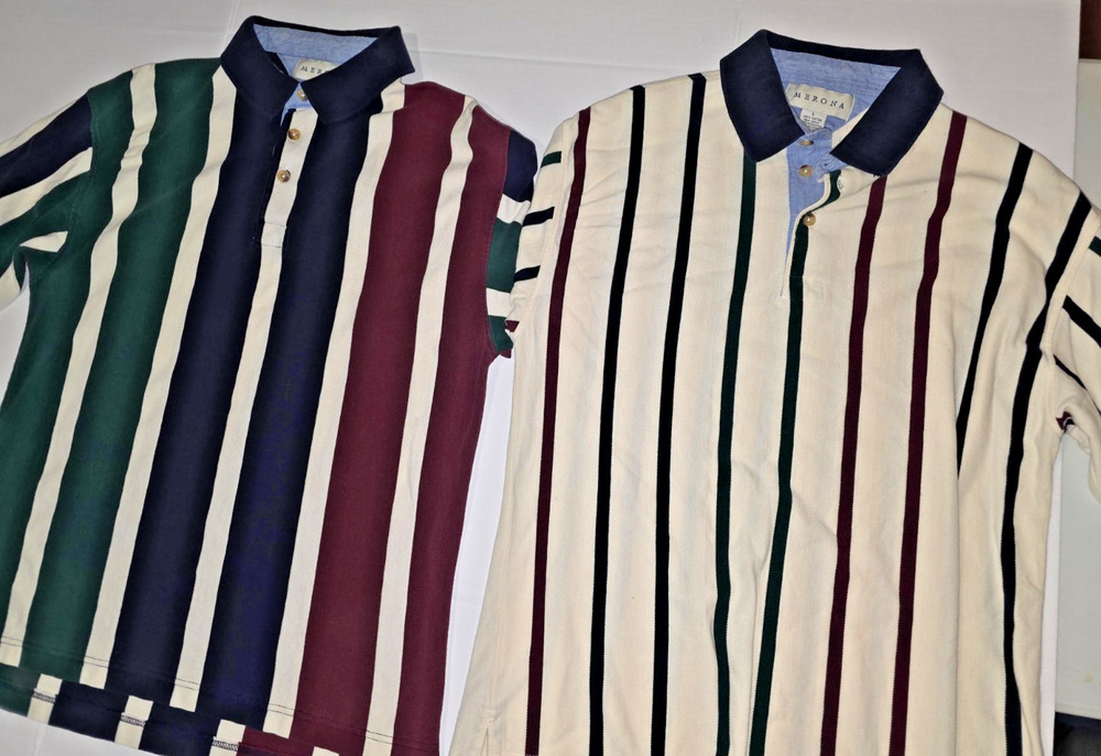 Lot of 2pcs Merona Men’s Multi Color Striped Golf Polo Shirts Size L M021